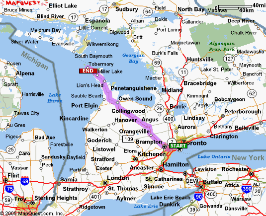 Map showing route from Toronto to Manitoulin Island Ontario Canada via ferry